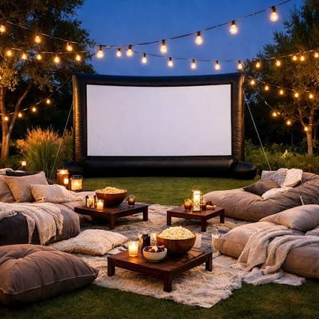 String-light outdoor cinema with pillows and popcorn machine in backyard